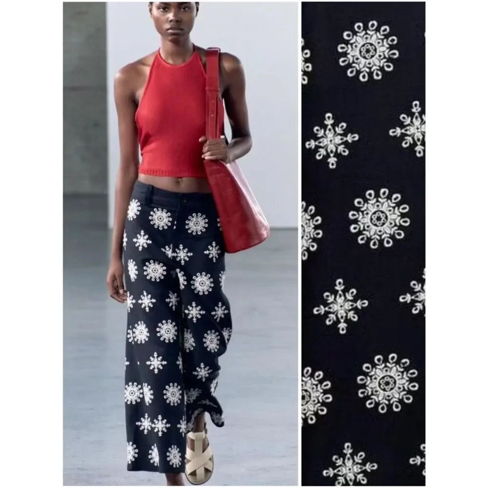 ZARA CONTRAST EMBROIDERED CULOTTES ZW COLLECTION NAVY BLUE